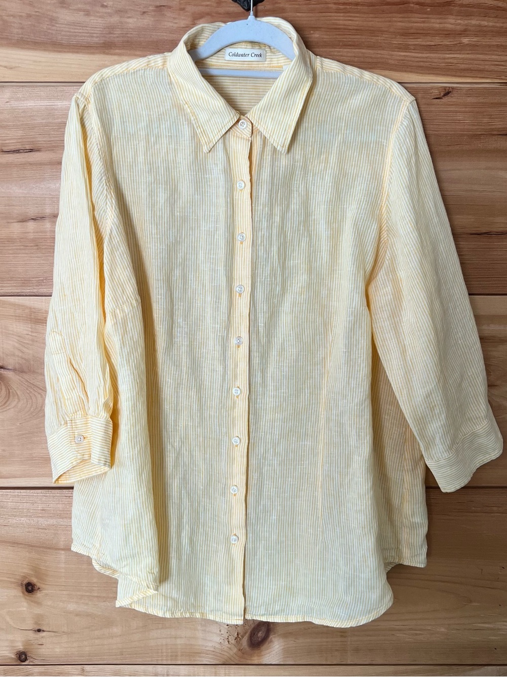 Coldwater Creek Linen Yellow & White Striped Button-Up Top Lightweight Summer